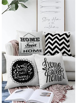 Rem Home Siyah Zemin Home Sweet 4'lü Çift Taraflı Raşel Örme Yastık Kırlent Kılıf Seti