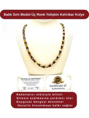 Yıldız Doğal Taş Sertifikalı Balık Sırtı Model Üç Renk Yetişkin Kehribar Kolye 55 cm 10 gr