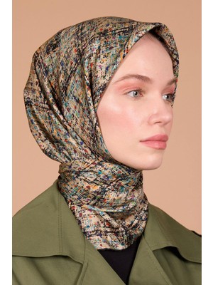 Aker Sura Ipek Eşarp Vizon, Yeşil, Siyah Batik Desenli