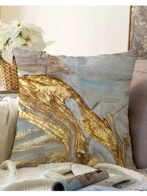 Rem Home Çift Taraflı Gold Detaylı Soyut Çizimli Dijital Baskılı Modern Raşel Örme Yastık Kırlent Kılıfı