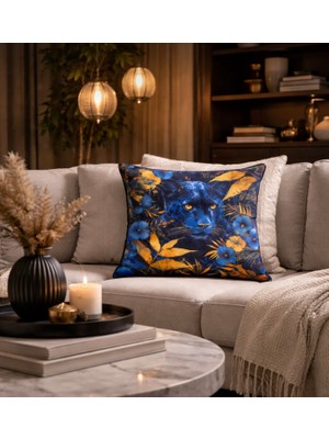 Orcadeco -Lacivert Gold Leopar Desenli Dekoratif Kırlent Kılıfı – Lüks Salon Yastığı 45X45