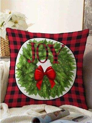 Rem Home Kırmızı Ekose Yılbaşı Desen Joy Motifli Modern Raşel Örme Yastık Kırlent Kılıfı