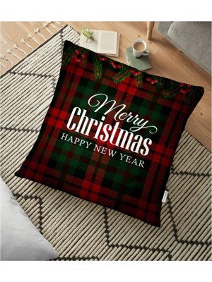 Rem Home Ekose Zeminde Merry Christmas Baskılı Dekoratif Yer Minderi - 70 x 70 cm