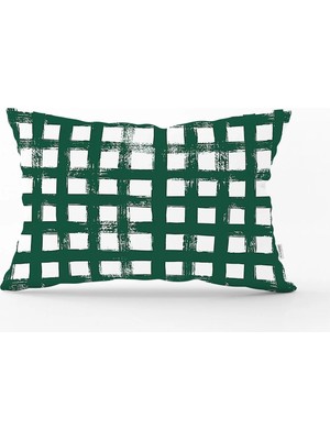 Rem Home Koyu Yeşil Geometrik Kare Motifli Dekoratif Dikdörtgen Yastık Kılıfı
