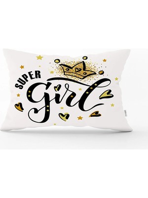 Rem Home Super Gırl Yazı Desenli Dijital Baskılı Dekoratif Dikdörtgen Kırlent Kılıfı