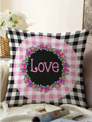 Rem Home Siyah Beyaz Ekose Pembe Love Temalı Modern Raşel Örme Yastık Kırlent Kılıfı