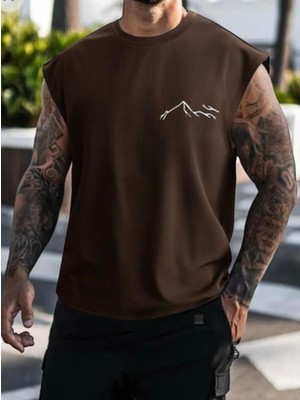 Nigrum Pardus Nıgrum Pardus Bisiklet Yaka Lıne Mountain Baskılı %100 Pamuk Büyük Beden Kolsuz Erkek T-Shirt