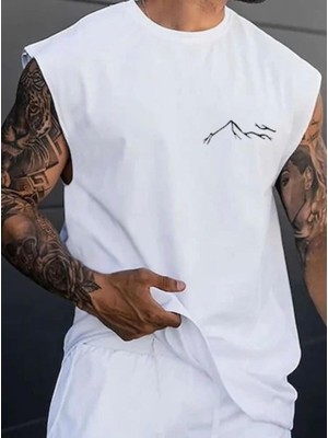 Nigrum Pardus Nıgrum Pardus Bisiklet Yaka Lıne Mountain Baskılı %100 Pamuk Büyük Beden Kolsuz Erkek T-Shirt