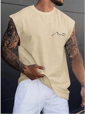 Nigrum Pardus Nıgrum Pardus Bisiklet Yaka Lıne Mountain Baskılı %100 Pamuk Büyük Beden Kolsuz Erkek T-Shirt