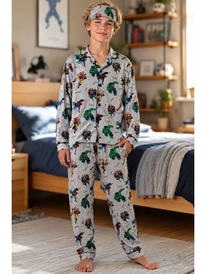 Enie Erkek Çocuk Gri Karakter Desenli Göz Bantlı Pijama Takımı
