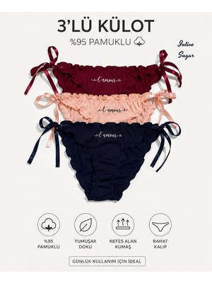 Intive Lingerie Intive Sugar 3'lü Yandan Saten Bağlamalı %95 Pamuklu Lolita Külot Set (Somon,lacivert,bordo)