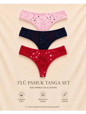 Intive Lingerie Intive Comfort Desenli Dantel Detaylı Lacivert/pembe/kırmızı 3'lü Tanga/brazilian Set