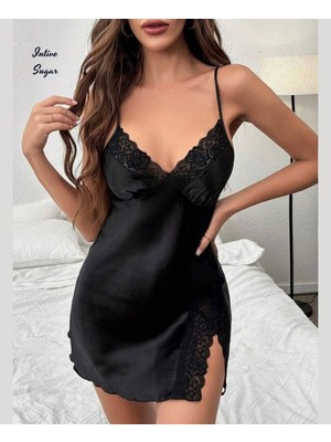 Intive Lingerie Intive Sugar Siyah Saten Göğsü Dantel Detaylı Yırtmaçlı Mini Lolita Gecelik
