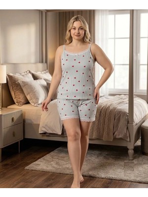 Kadın Milan Kumaş Büyük Beden Curve Baskılı Desenli Bambu Şortlu Pijama Takımı