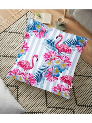Rem Home Çizgili Flamingo Zeminli Dekoratif Yer Minderi - 70 x 70 cm