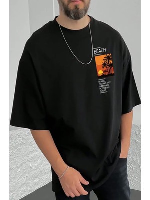 Nigrum Pardus Nıgrum Pardus Yeni Sezon Sunset At The Beach Baskılı %100 Pamuk Büyük Beden Oversize Erkek T-Shirt