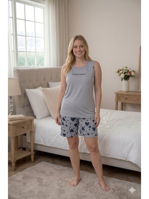 Eyfuze Kadın Milan Kumaş Büyük Beden Curve Baskılı Desenli Bambu Şortlu Pijama Takımı