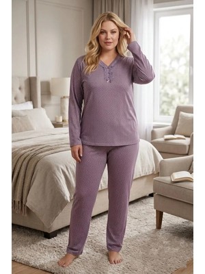 Kadın Büyük Beden Desenli Yakası Düğmeli Uzun Kollu Bambu Pijama Takımı