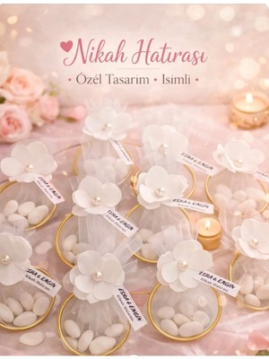 Burc Design Gift Kişiye Özel Isimli Nikah Hatırası – Gold Halkalı Çiçekli Tüllü Badem Şekeri Hediyelik 20 Adet