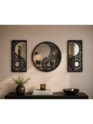 Ergeç Tasarım Denge Serisi Yin Yang Aynalı Pleksi Dekoratif Duvar Saati ve Panel Seti | 40 cm Saat + 2 Adet 20X40 cm Panel | Siyah & Atlantik Çam