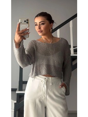 Elisin Gri Pullu Salaş Triko Bluz