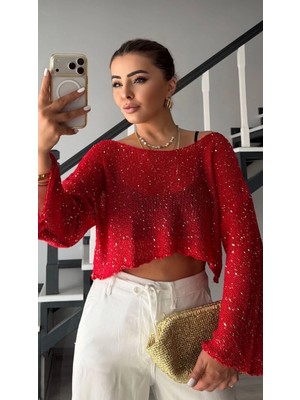 Elisin Kırmızı Pullu Salaş Triko Bluz