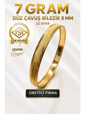 Aks Gold 22 Ayar TSE Belgeli (7 GRAM) Düz Şarnel Çavuş Ajda Bilezik 8 mm Gold Altın Bilezik Düğün Nişan