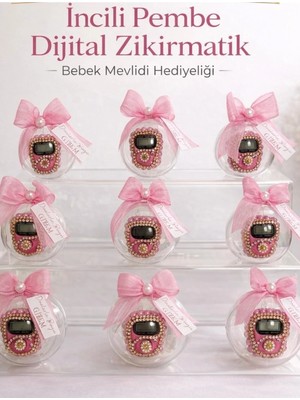Burc Design Gift Incili Pembe Dijital Zikirmatik – Bebek Mevlidi & Özel Gün Hediyeliği 10 Adet