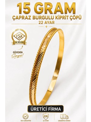 Aks Gold 22 Ayar Tse Belgeli (15 Gram) Çapraz Burgulu Kiprit Çöpü Ajda Altın Bilezik Gold Düğün Nişan