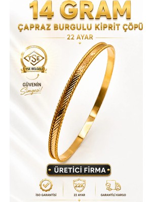 Aks Gold 22 Ayar TSE Belgeli (14 GRAM) Çapraz Burgulu Kiprit Çöpü Ajda Altın Bilezik Gold Düğün Nişan