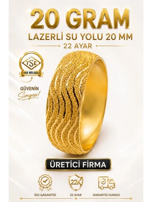 Aks Gold 22 Ayar TSE Belgeli (20 GRAM) Lazerli Su Yolu Mega Altın Bilezik 20 mm Ajda Gold Düğün Nişan