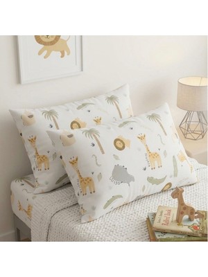 Voddi 2'li Safari Desenli Çocuk Bebek Yastık Kılıfı Seti - 50X70 cm Fermuarlı Pamuklu Kumaş
