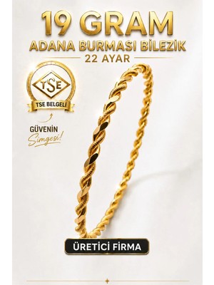 Aks Gold 22 Ayar TSE Belgeli (19 GRAM) Adana Burması Bilezik Altın Gold Bilezik Düğün Nişan