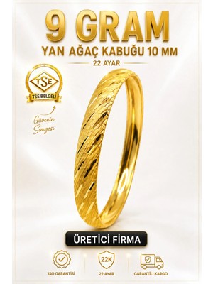 Aks Gold 22 Ayar TSE Belgeli (9 GRAM) Yan Ağaç Kabuğu Ajda Bilezik 10 mm Gold Altın Bilezik Düğün Nişan
