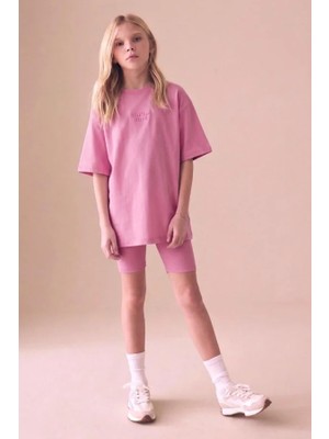Kız Çocuk Yazı Nakışlı Tişört ve Fitilli Kısa Tayt Takım Pembe