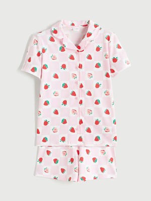 Lc Waikiki Yeni Sezon Gömlek Yaka Çilek Desenli Kız Çocuk Şortlu Pijama Takımı