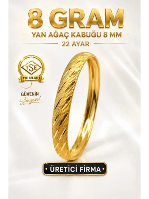 Aks Gold 22 Ayar TSE Belgeli (8 GRAM) Yan Ağaç Kabuğu Ajda Bilezik 8 mm Gold Altın Bilezik Düğün Nişan