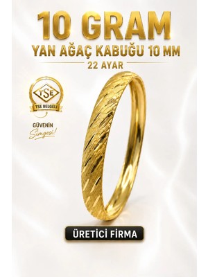 Aks Gold 22 Ayar Tse Belgeli (10 Gram) Yan Ağaç Kabuğu Ajda Bilezik 10 mm Gold Altın Bilezik Düğün Nişan