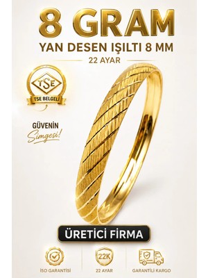 Aks Gold 22 Ayar TSE Belgeli (8 GRAM) Yan Desen Işıltılı Şarnel Altın Bilezik 8 mm Gold Bilezik Düğün Nişan