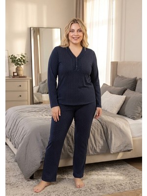 Eyfuze Kadın Büyük Beden Desenli Yakası Düğmeli Uzun Kollu Bambu Pijama Takımı
