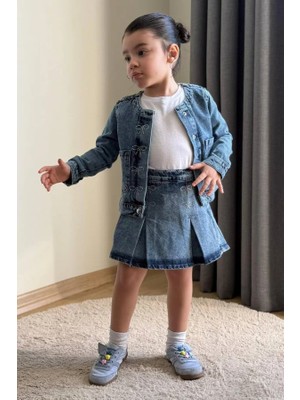 BoyBoy Kidswear Kız Çocuk Taş İşlemeli Denim Ceket ve Şort Etek 3'lü Takım Mavi
