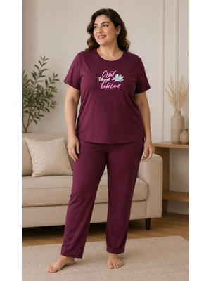 Sleeproom Büyük Beden Yazlık Great Things Take Time Bordo Pijama Takımı