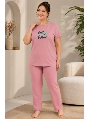 Sleeproom Büyük Beden Yazlık Great Things Take Time Pembe Pijama Takımı
