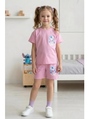 Kız Çocuk Stitch Baskılı Yazlık Tişört ve Şort Takım Pembe