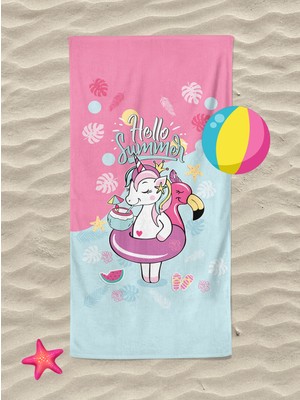 Erca Home Tekstil Ürünleri Unicorn Summer Desenli Baskılı Plaj Havlusu Kız Çocuk Plaj Havlusu Deniz Havlusu