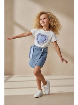 Kidsroom Kız Çocuk Kalp Aplikeli Tişört ve Denim Şort Etek Takım Mavi
