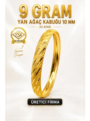 Aks Gold 22 Ayar TSE Belgeli (9 GRAM) Yan Ağaç Kabuğu Ajda Bilezik 10 mm Gold Altın Bilezik Düğün Nişan