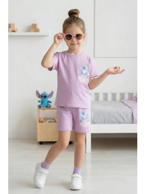Kız Çocuk Stitch Baskılı Yazlık Tişört ve Şort Takım Lila