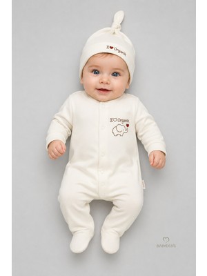 Babyden's %100 Organik Pamuk Bebek Tulumu Şapkalı Yenidoğan Hastane Çıkışı Çıtçıtlı Patikli Uzun Kollu Unisex Bebek Tulum Ekru