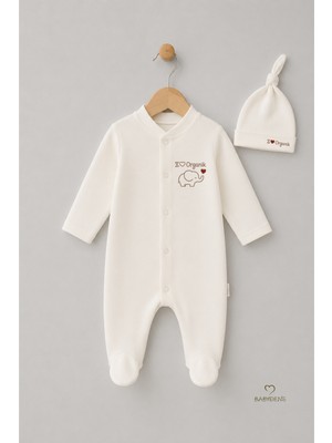 Babyden's %100 Organik Pamuk Bebek Tulumu Şapkalı Yenidoğan Hastane Çıkışı Çıtçıtlı Patikli Uzun Kollu Unisex Bebek Tulum Ekru